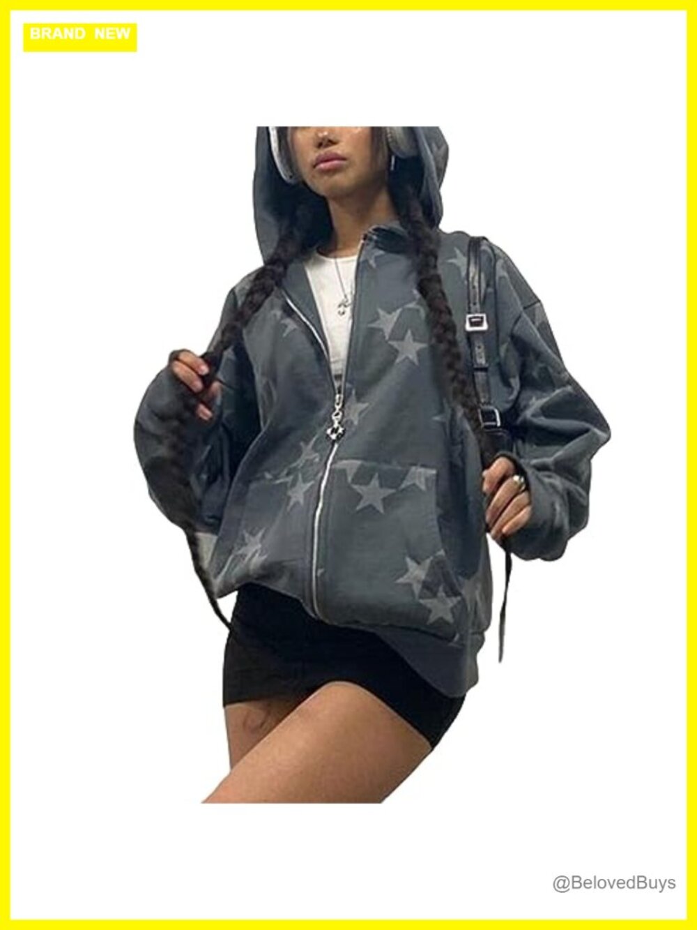 Women Star Graphic Zip Up Hoodie Oversized Y2k Grunge Streetwear Sweatshirt